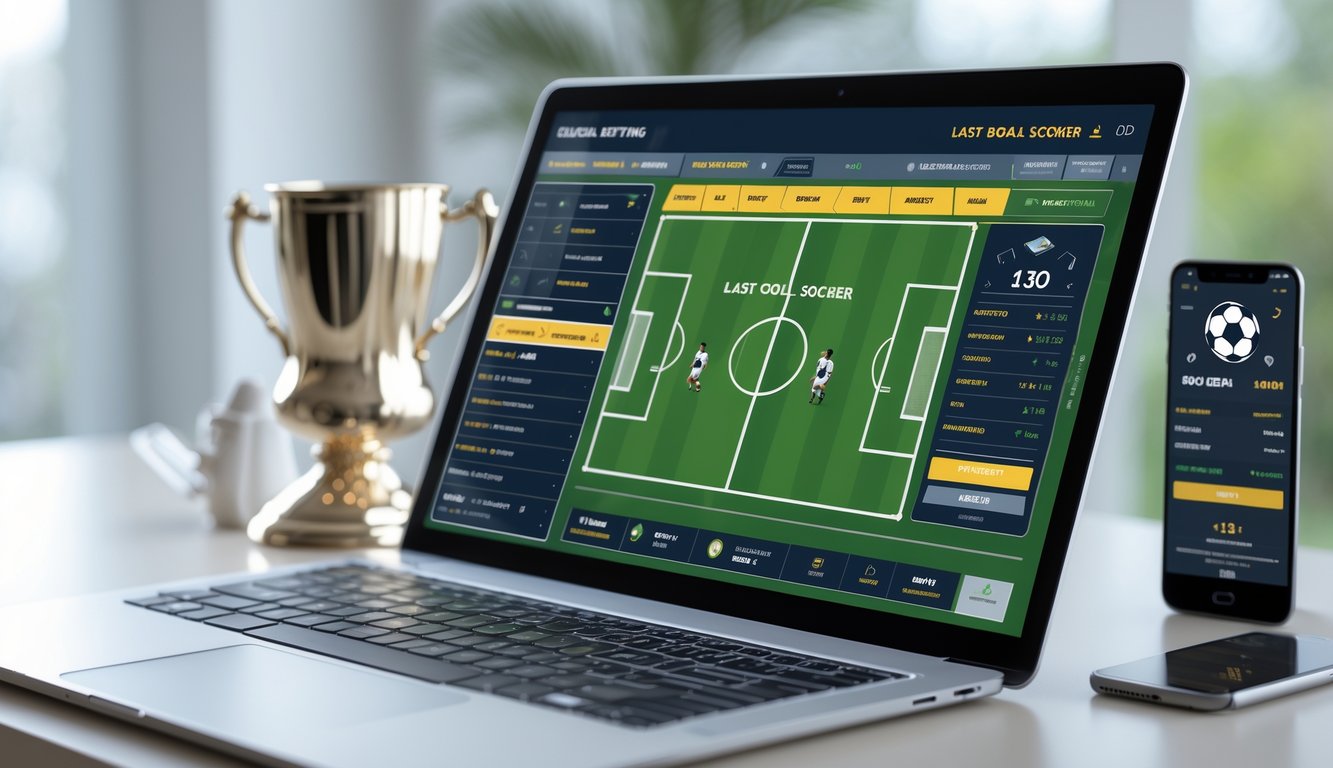 Seorang pengguna melihat layar komputer yang menampilkan antarmuka taruhan bola online dengan fokus pada pencetak gol terakhir, di meja kerja yang rapi dengan perangkat teknologi.