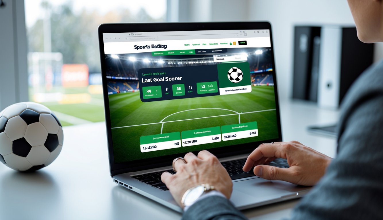 Seseorang menggunakan komputer dengan situs taruhan bola online menampilkan statistik pertandingan sepak bola dan pilihan pencetak gol terakhir.