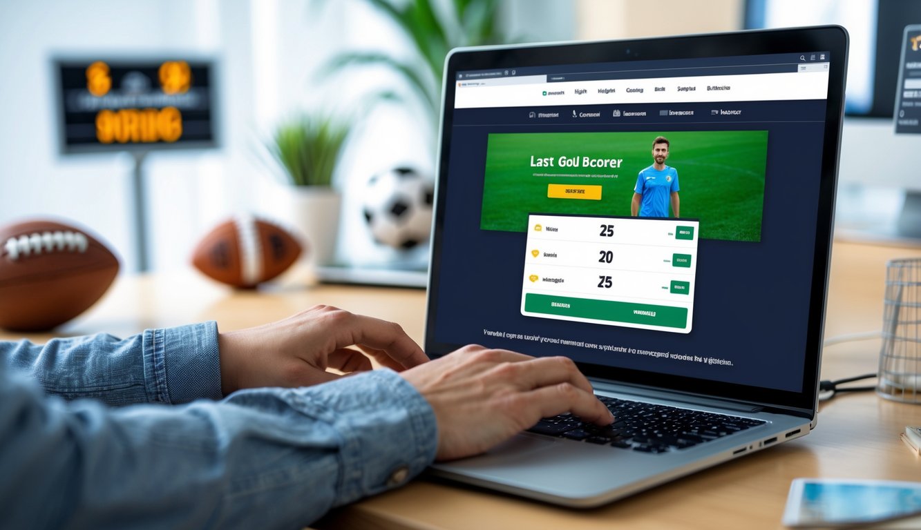 Seseorang menggunakan laptop di meja kerja dengan latar belakang peralatan olahraga dan suasana yang rapi.