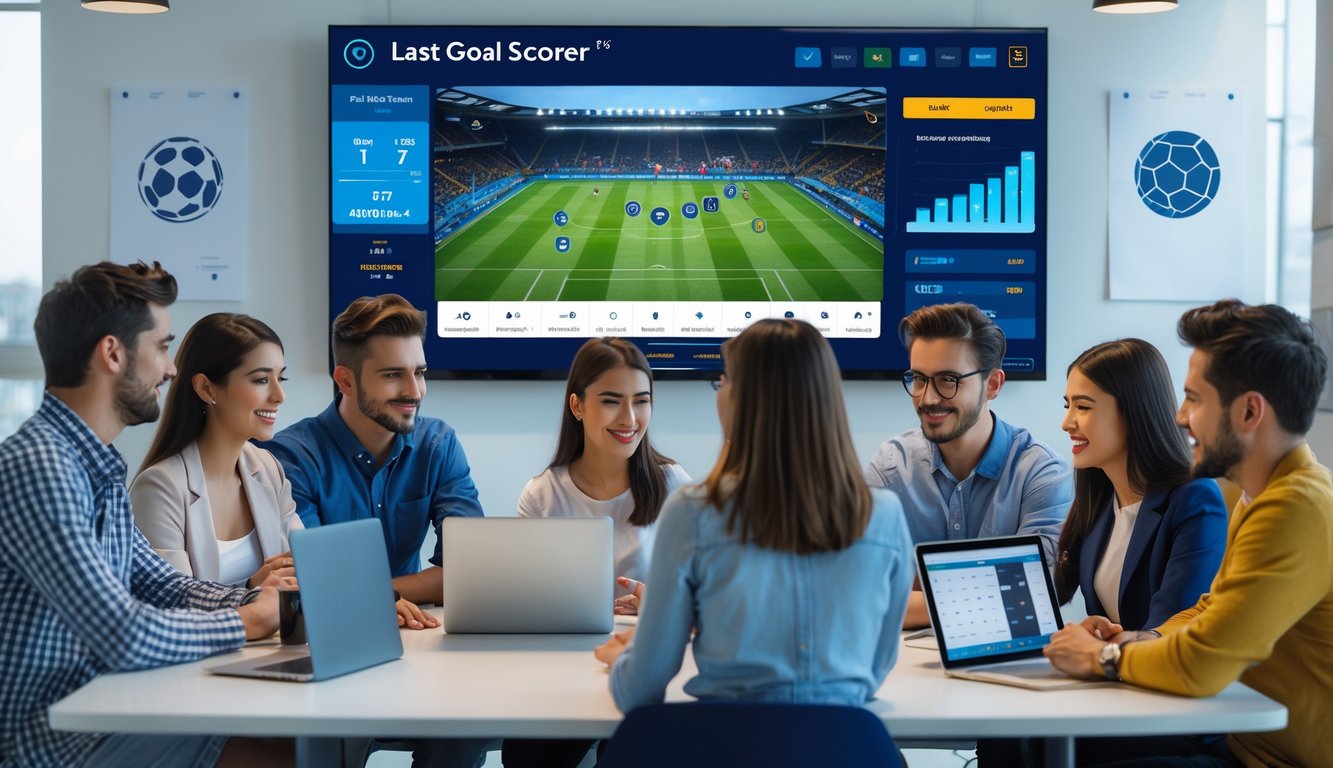Sekelompok orang muda sedang melihat layar besar yang menampilkan pertandingan sepak bola dan statistik pencetak gol terakhir dalam suasana ruangan modern.