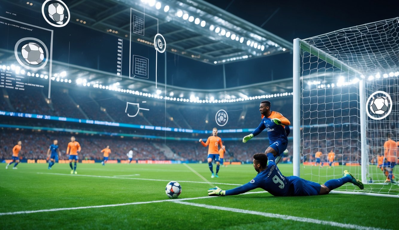 Pertandingan sepak bola intens di stadion besar dengan pemain yang akan mencetak gol terakhir dan kiper yang mencoba menyelamatkan bola.