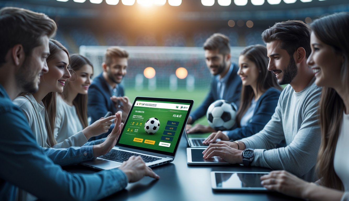 Beberapa orang muda menggunakan perangkat digital untuk taruhan sepak bola online dengan latar belakang bola dan lampu stadion.