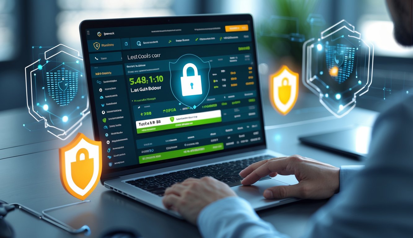 Seorang profesional menggunakan laptop di meja kerja dengan tampilan situs taruhan bola online dan simbol keamanan digital di latar belakang.