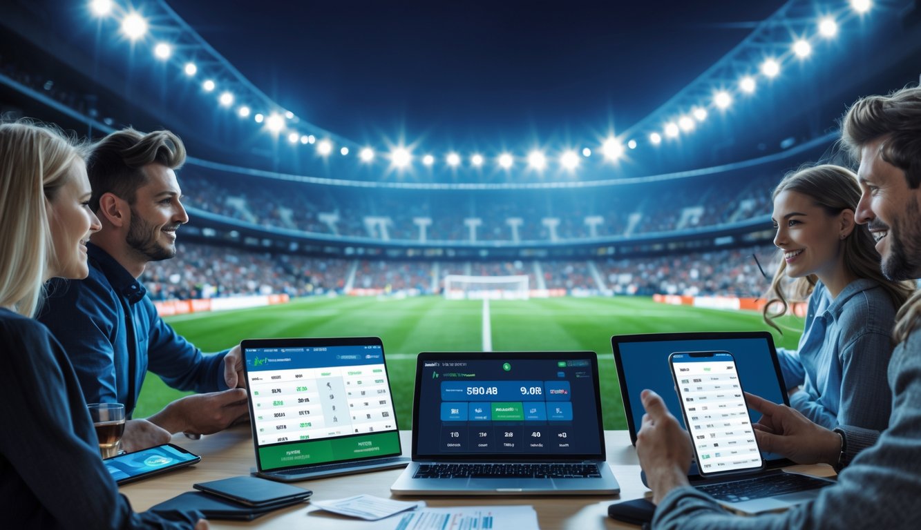 Orang-orang menggunakan perangkat digital untuk melihat pembaruan skor gol terakhir dalam pertandingan sepak bola secara online di stadion yang ramai.