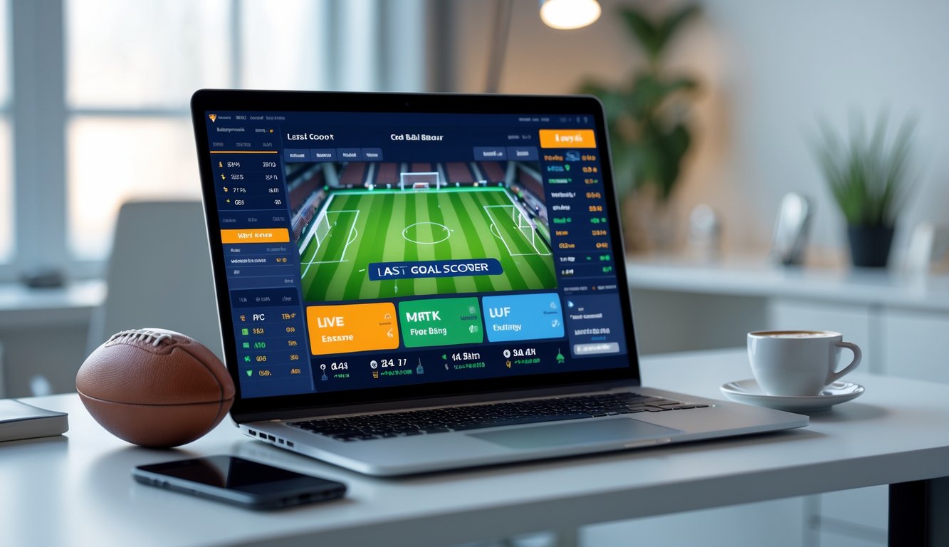 Seorang pria menggunakan komputer dengan layar menampilkan skor dan peluang taruhan sepak bola secara online, di meja dengan bola sepak dan ponsel di sampingnya.