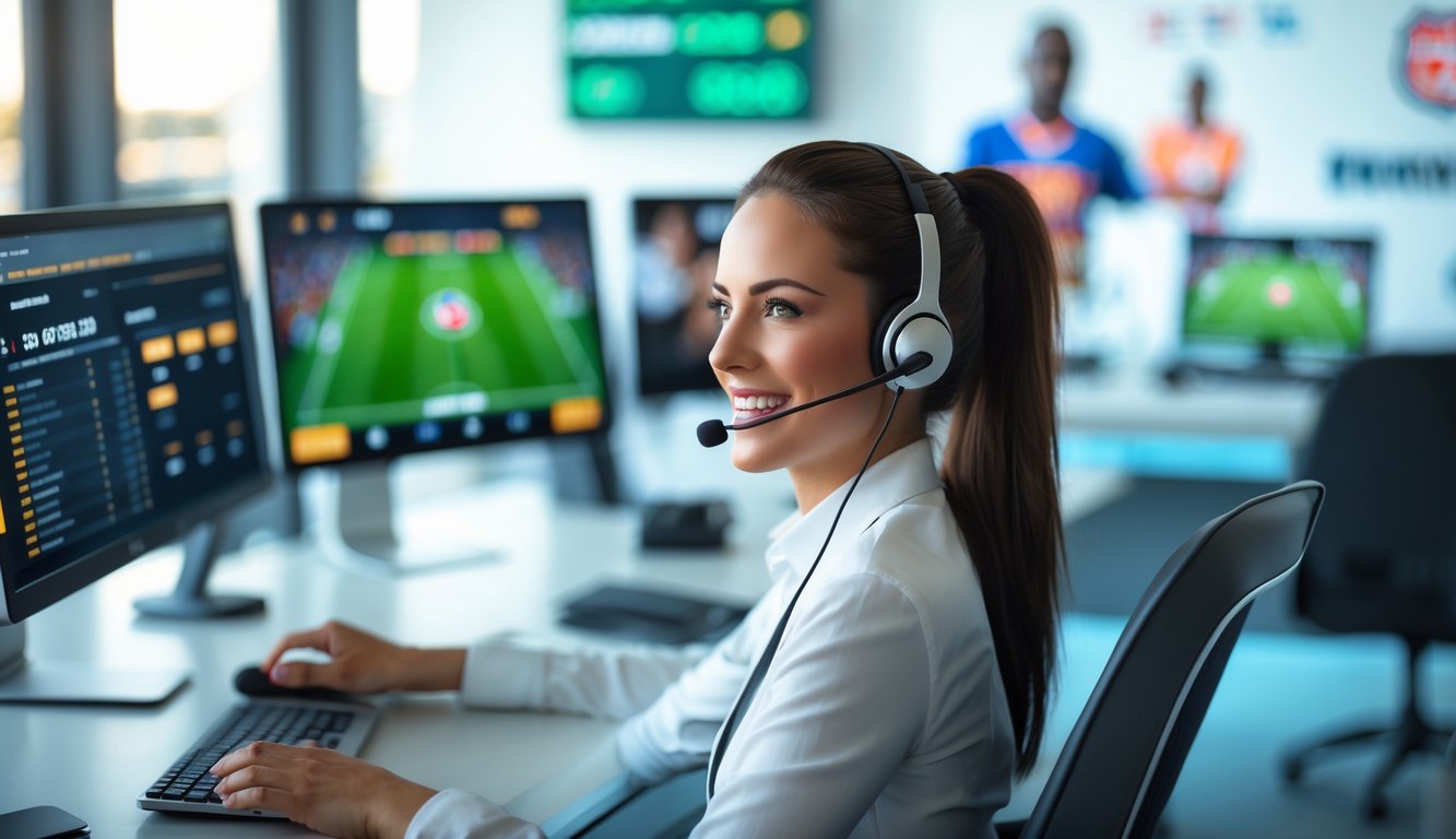 Seorang agen dukungan pelanggan sedang menggunakan headset di depan komputer dengan tampilan statistik sepak bola dan pembaruan pertandingan langsung.