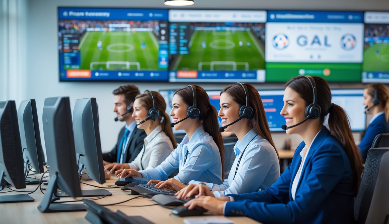 Tim layanan pelanggan sedang bekerja di pusat dukungan dengan komputer dan headset, menampilkan suasana kerja yang sibuk dan profesional.