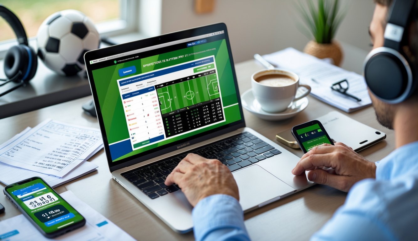 Seorang pria duduk di depan laptop dengan tampilan situs taruhan sepak bola, dikelilingi catatan dan ponsel di atas meja kerja yang rapi.