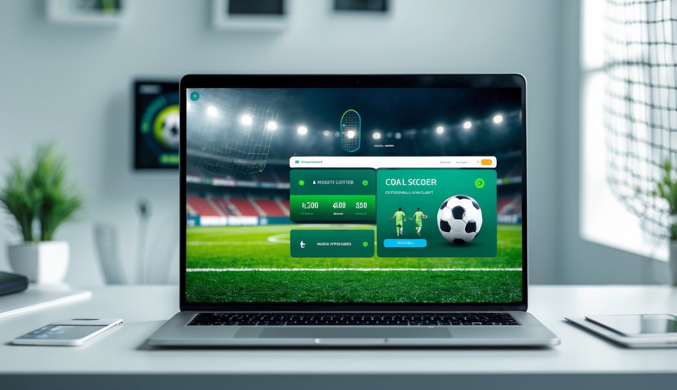 Seseorang menggunakan perangkat digital dengan tampilan taruhan sepak bola online di meja kerja yang bersih.