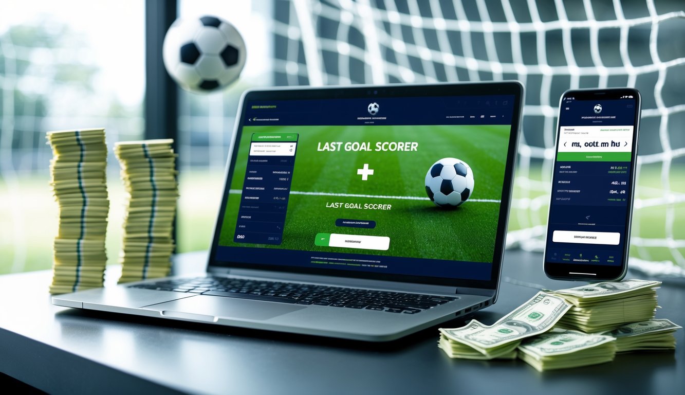 Meja kerja dengan laptop dan ponsel yang menampilkan aplikasi taruhan bola, uang rupiah di atas meja, dan elemen sepak bola di latar belakang.