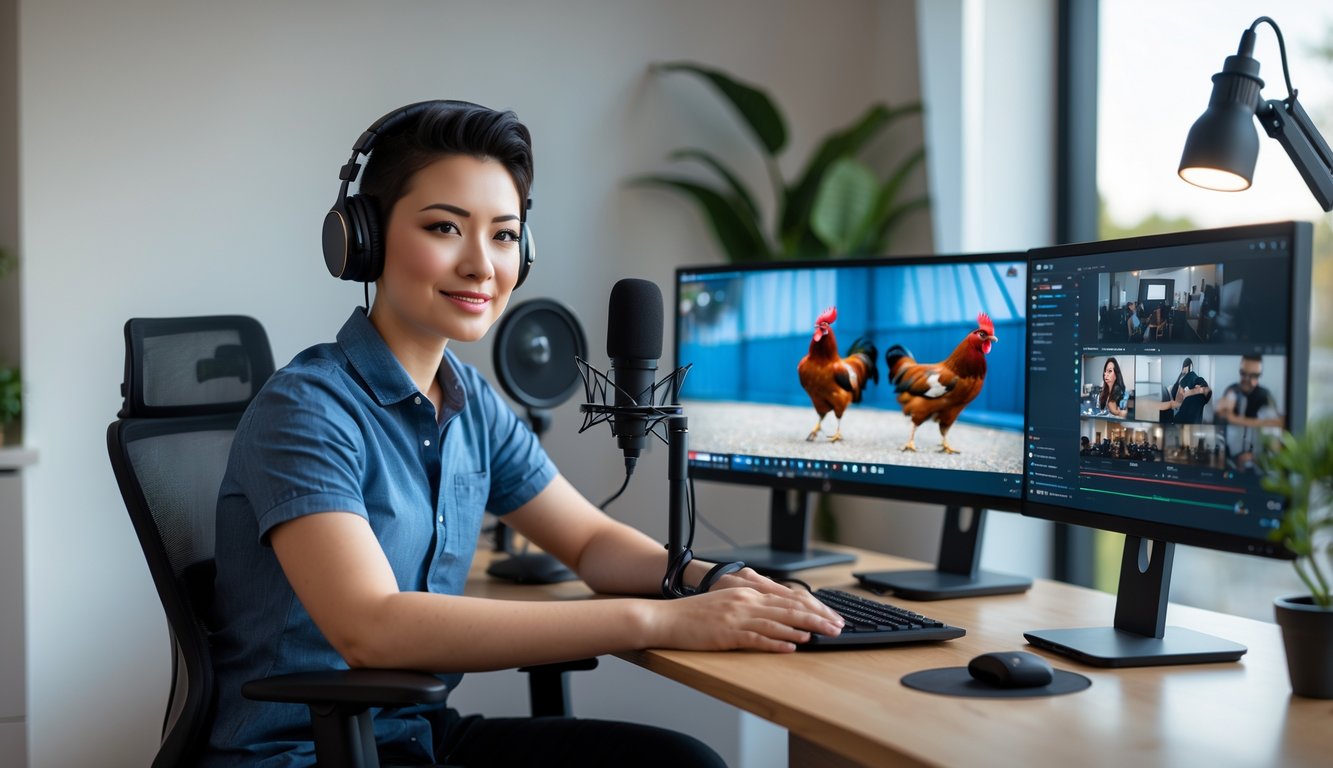 Seseorang sedang duduk di meja kerja dengan dua monitor menampilkan siaran langsung sabung ayam, menggunakan peralatan streaming di ruangan yang terang dan rapi.