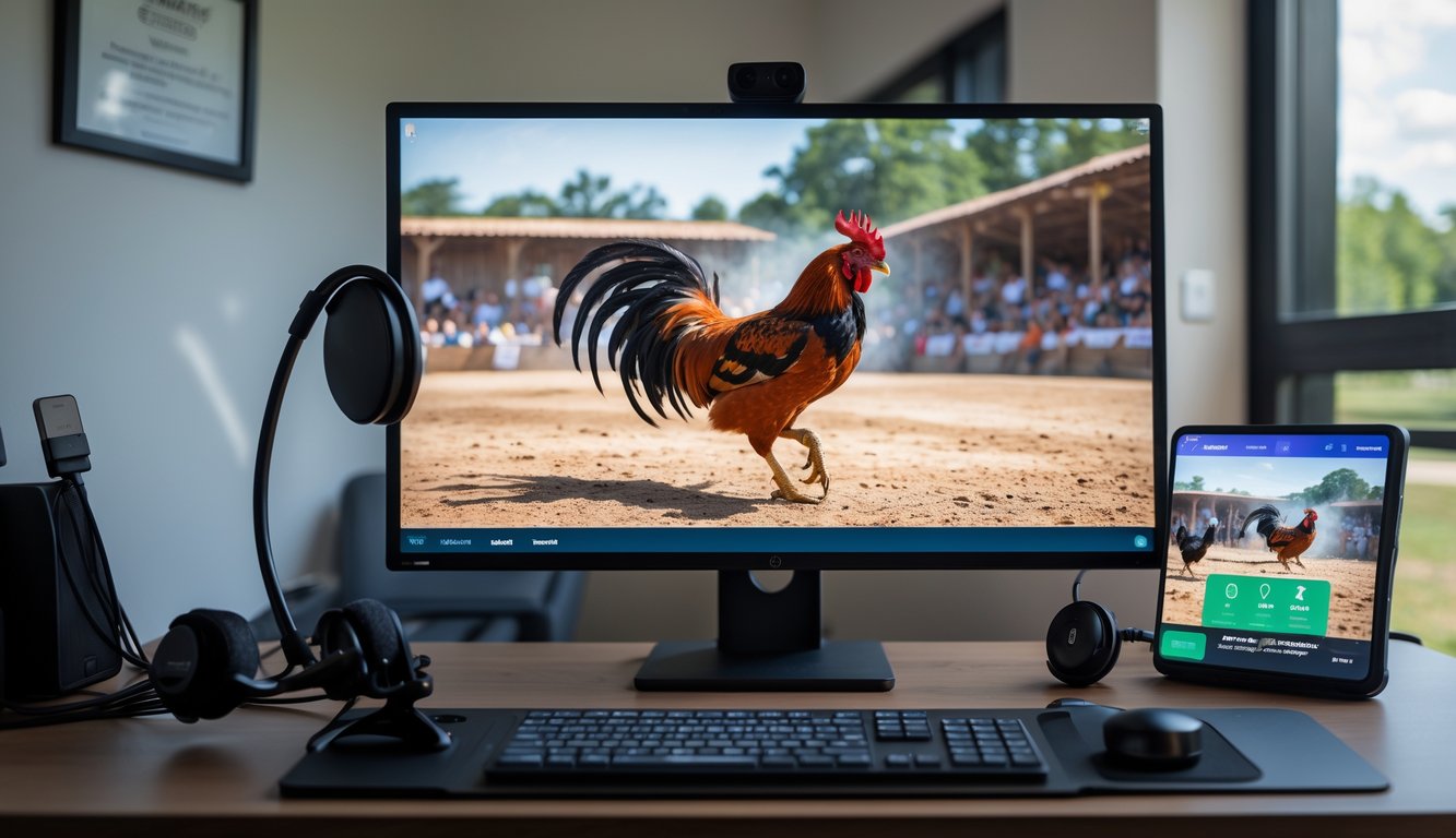 Sebuah ruang kerja modern dengan komputer menampilkan siaran langsung sabung ayam berkualitas tinggi tanpa buffering.