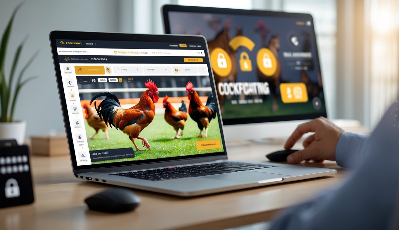 Seseorang menggunakan komputer dengan tampilan siaran langsung sabung ayam dan simbol keamanan transaksi online di latar belakang.