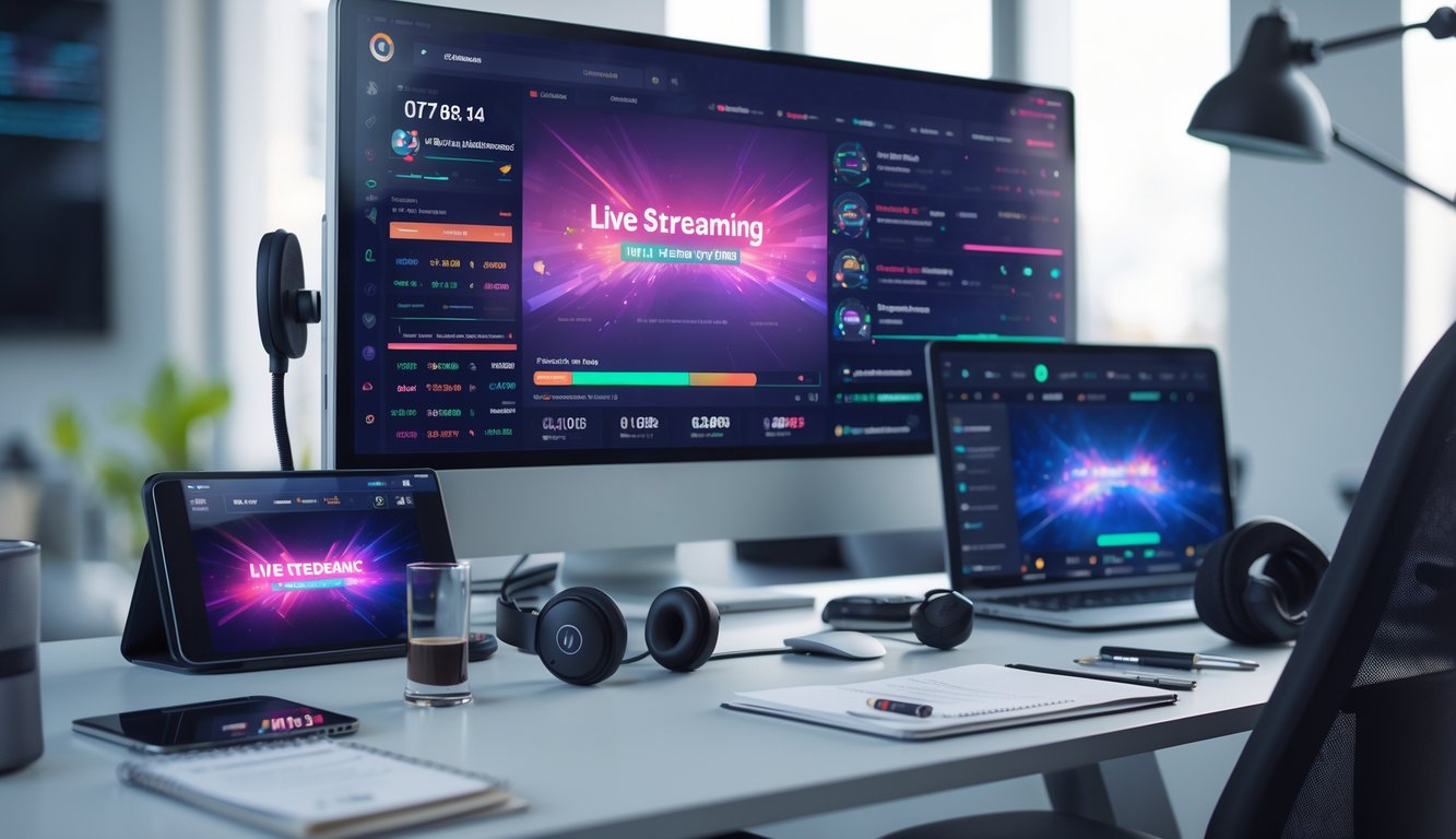 Sebuah ruang kerja modern dengan komputer yang menampilkan antarmuka streaming langsung dan perangkat lain yang menunjukkan konten streaming online.