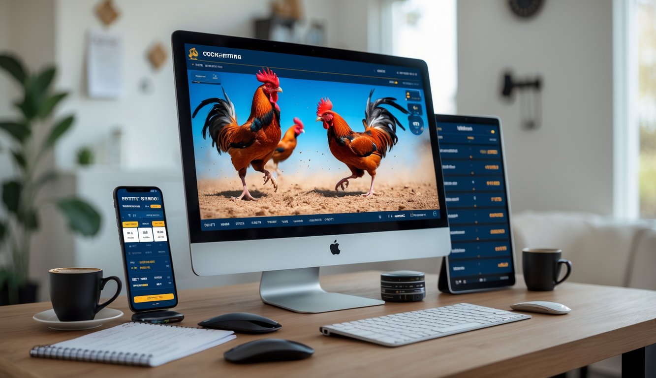 Seorang pria menggunakan komputer dengan tayangan langsung sabung ayam di layar, dikelilingi oleh perangkat dan catatan yang menunjukkan aktivitas taruhan online.
