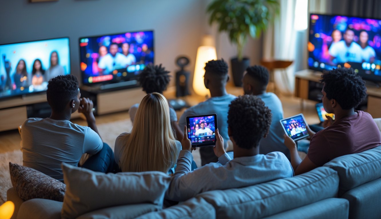 Beberapa orang muda menonton siaran langsung di berbagai perangkat seperti ponsel, tablet, dan laptop di ruang tamu yang nyaman.
