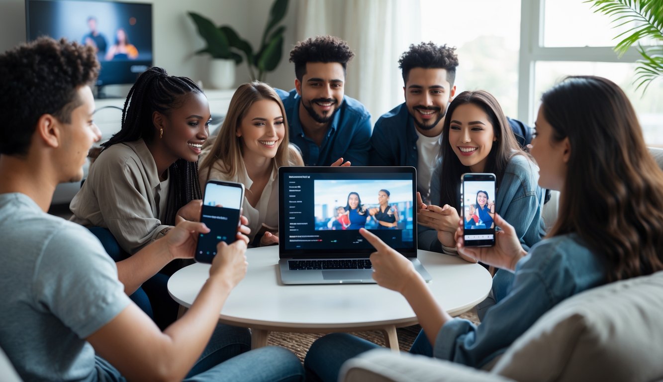 Beberapa orang muda sedang menonton acara streaming langsung menggunakan laptop dan ponsel di ruang tamu yang nyaman.