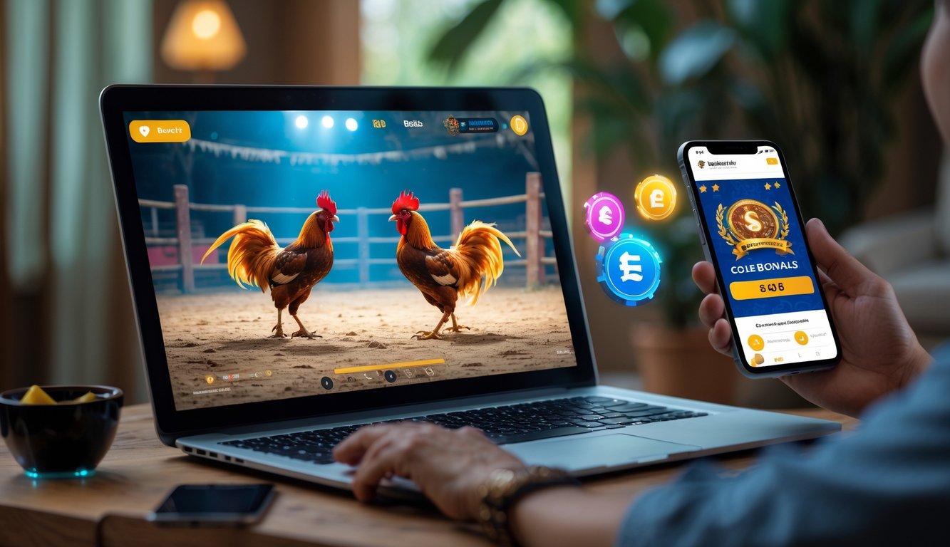 Seorang pengguna sedang menonton siaran langsung sabung ayam di layar komputer dengan ponsel di tangan yang menampilkan aplikasi taruhan, di lingkungan rumah yang nyaman.
