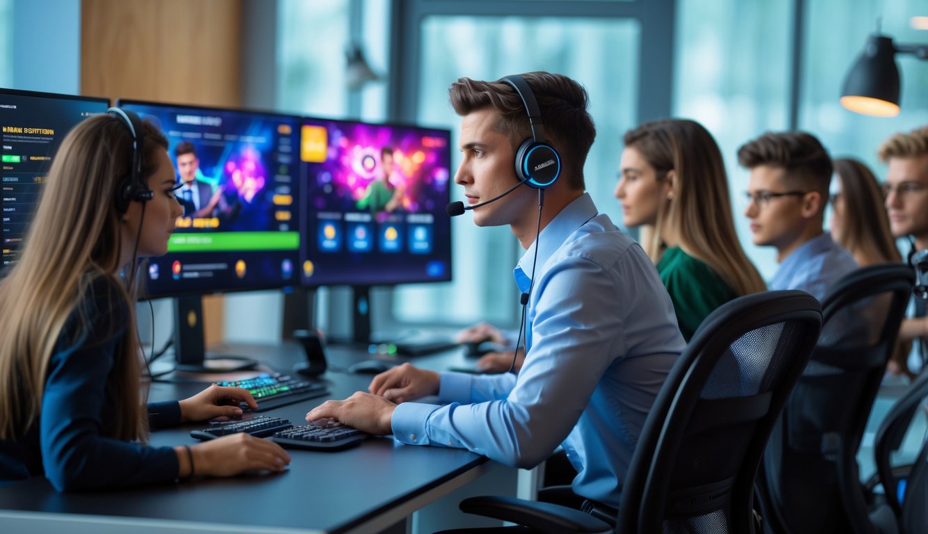 Seorang pria muda memakai headset sedang melakukan sesi live streaming di depan beberapa monitor komputer, dikelilingi oleh rekan kerja yang memperhatikan dan berdiskusi di sebuah kantor modern.