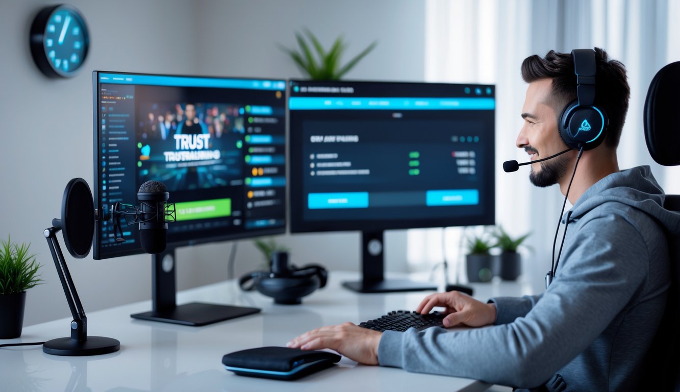Seorang pria duduk di depan meja dengan dua monitor menampilkan antarmuka streaming langsung, dilengkapi peralatan streaming di ruang kerja yang rapi dan terang.