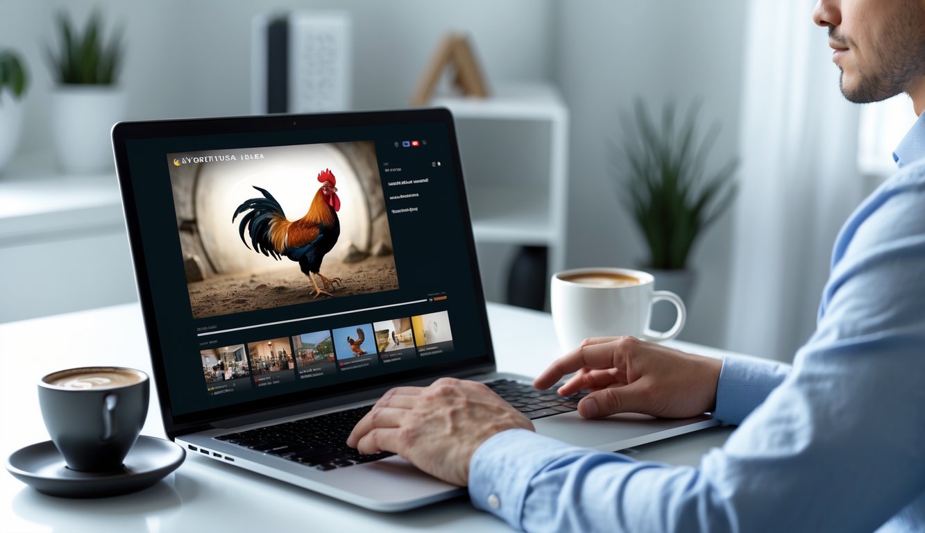 Seorang pria muda duduk di depan laptop menonton siaran langsung sabung ayam di ruang kerja yang rapi.