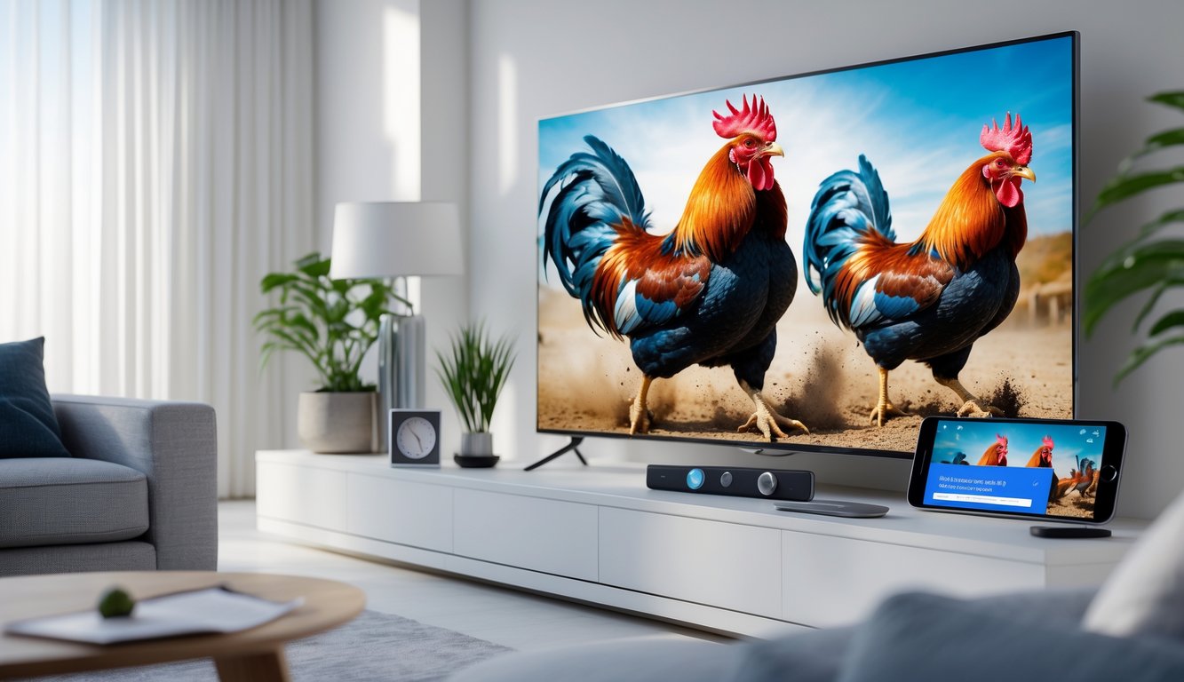 Ruang tamu modern dengan televisi menampilkan pertandingan sabung ayam secara langsung, dilengkapi dengan remote dan ponsel untuk streaming online.