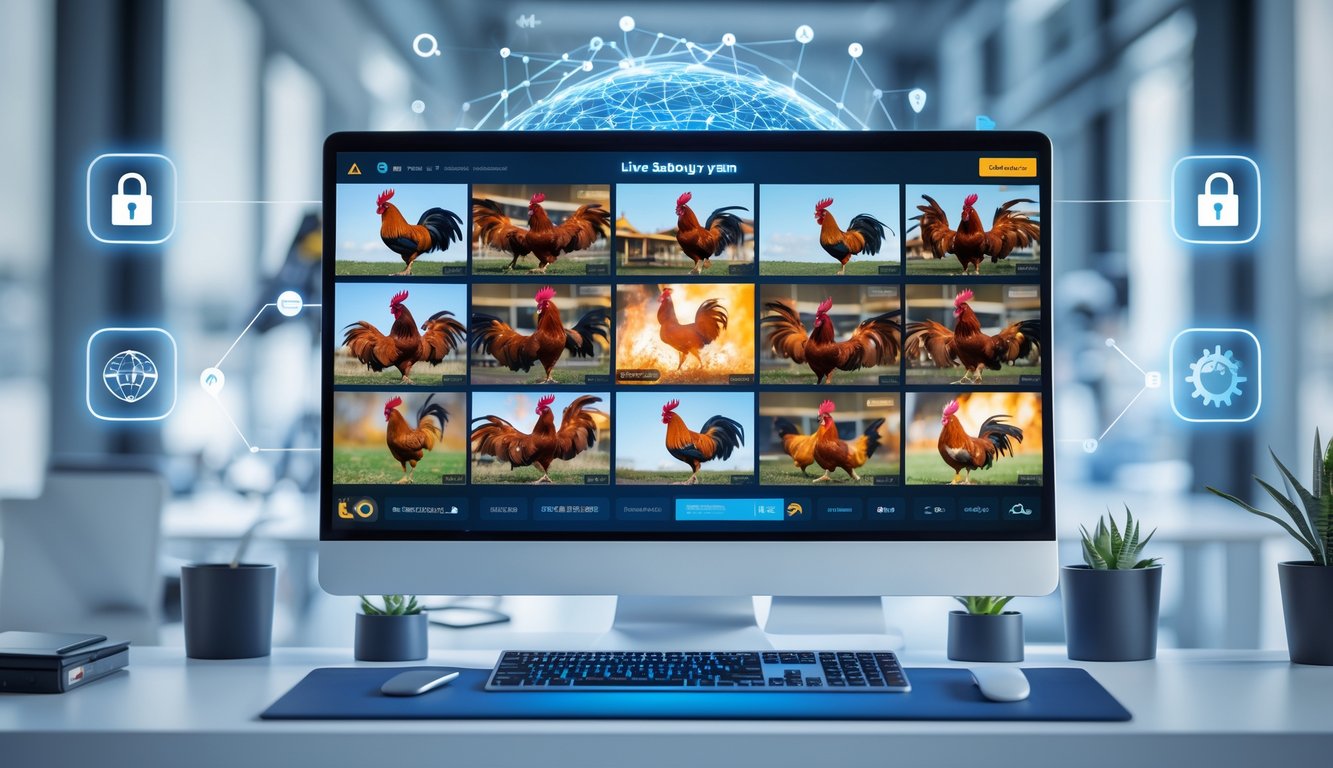 Sebuah ruang kerja modern dengan komputer yang menampilkan tayangan langsung sabung ayam dan simbol koneksi online.