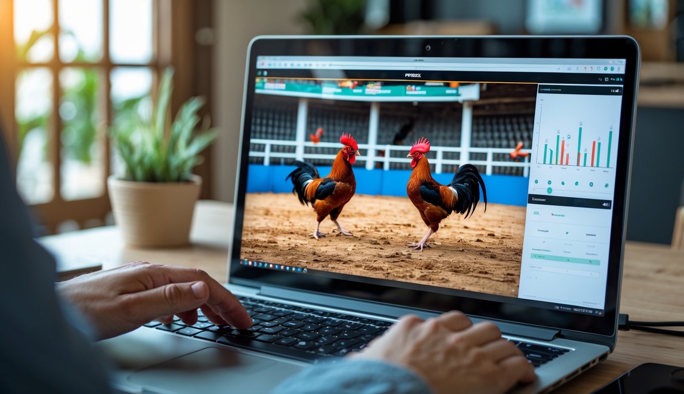 Seseorang menggunakan laptop untuk menonton siaran langsung sabung ayam dan memasang taruhan secara adil.