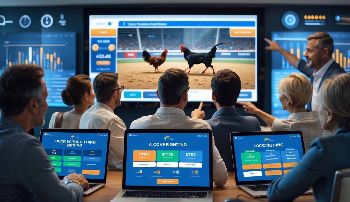 Sekelompok orang menonton siaran langsung sabung ayam secara online dengan perangkat elektronik di meja, terlihat serius dan fokus.