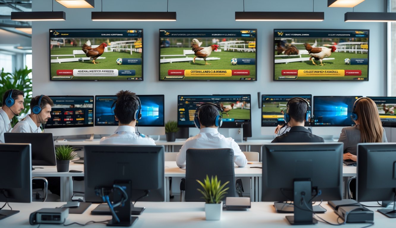 Beberapa staf layanan pelanggan sedang bekerja di kantor modern dengan komputer dan layar yang menampilkan siaran langsung sabung ayam.
