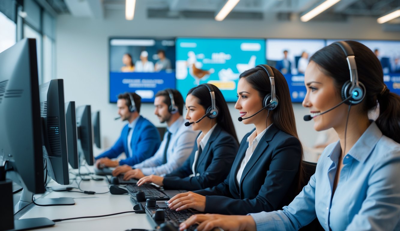 Sejumlah agen layanan pelanggan sedang bekerja di pusat layanan dengan komputer dan layar yang menampilkan siaran langsung.