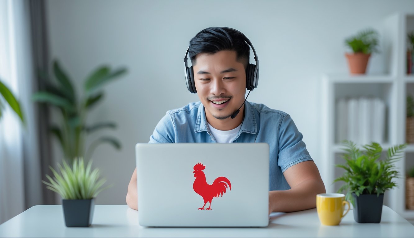 Seorang pria muda duduk di meja dengan laptop, mengenakan headphone dan fokus pada layar yang menampilkan siaran langsung, di ruangan dengan rak buku dan tanaman hias.