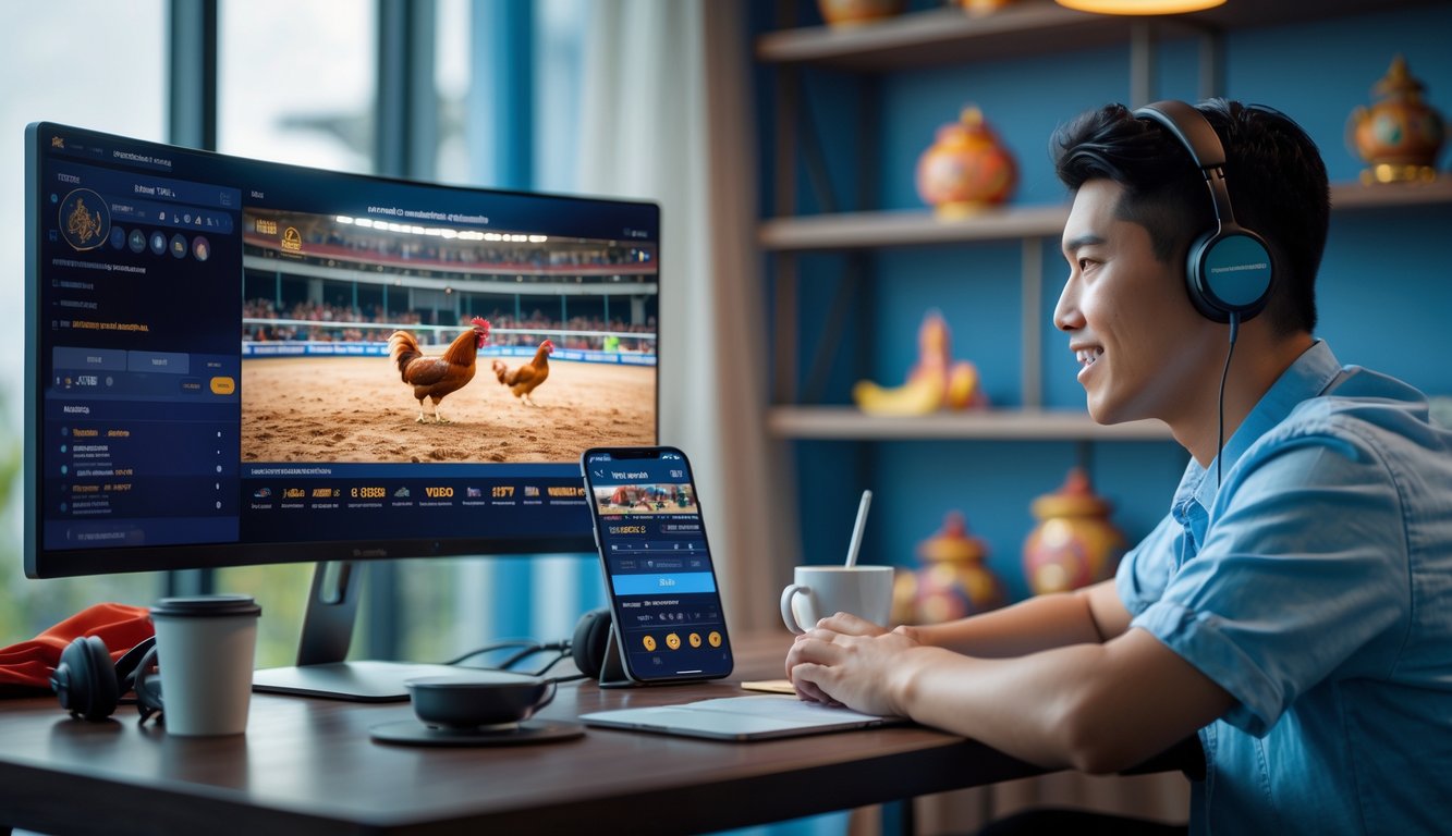 Seorang pria muda sedang menonton siaran langsung sabung ayam di komputer dengan suasana ruangan yang nyaman dan modern.
