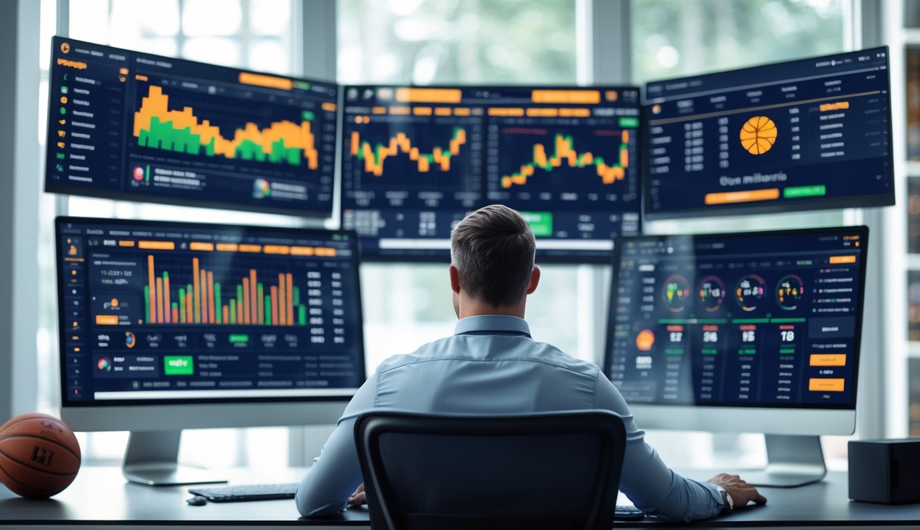 Seorang pria profesional sedang duduk di meja kantor modern, melihat layar komputer yang menampilkan data dan statistik taruhan basket.