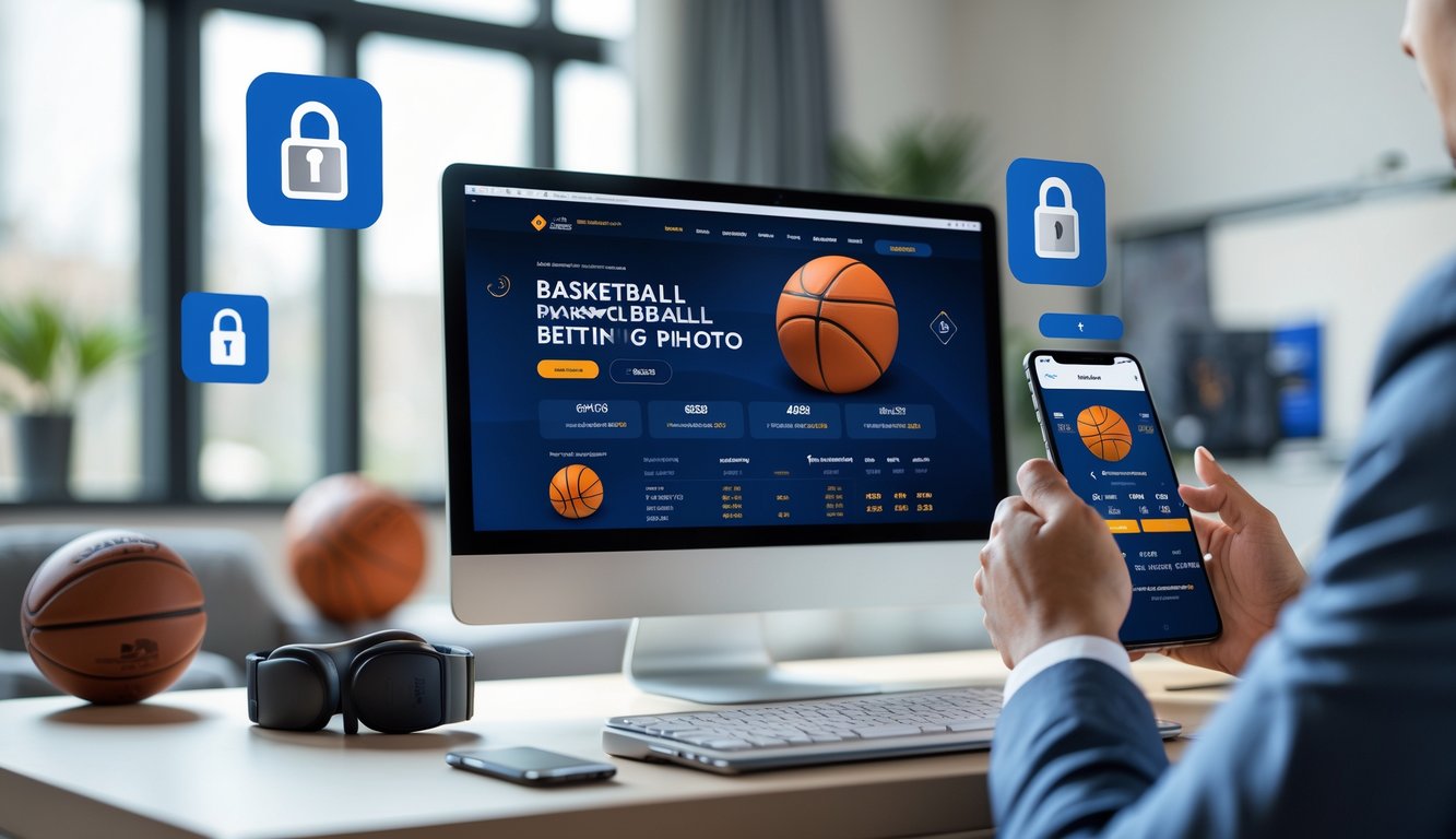 Seorang pria menggunakan ponsel di depan komputer dengan tampilan situs taruhan bola basket online, menunjukkan suasana taruhan yang cepat dan terpercaya.