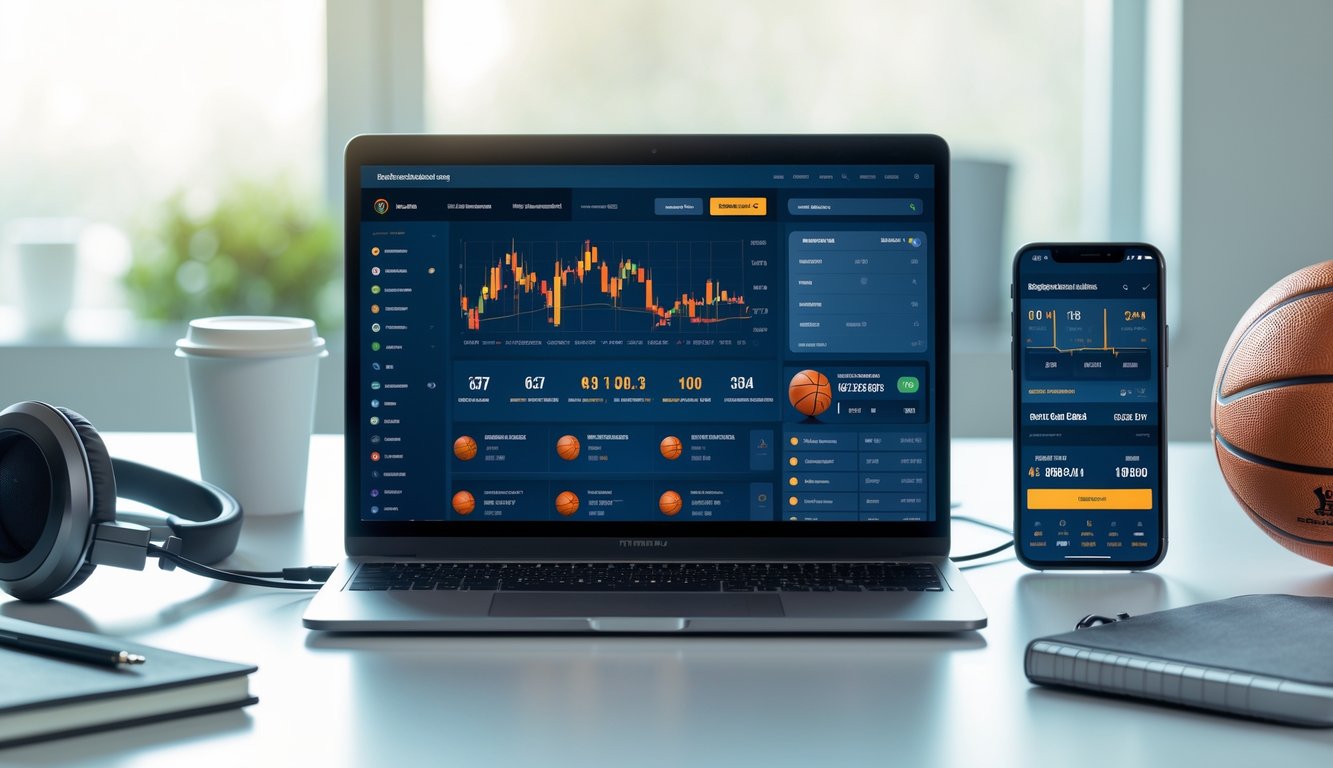Meja kerja dengan laptop yang menampilkan situs taruhan bola basket, bola basket di samping, dan ponsel dengan skor pertandingan langsung.