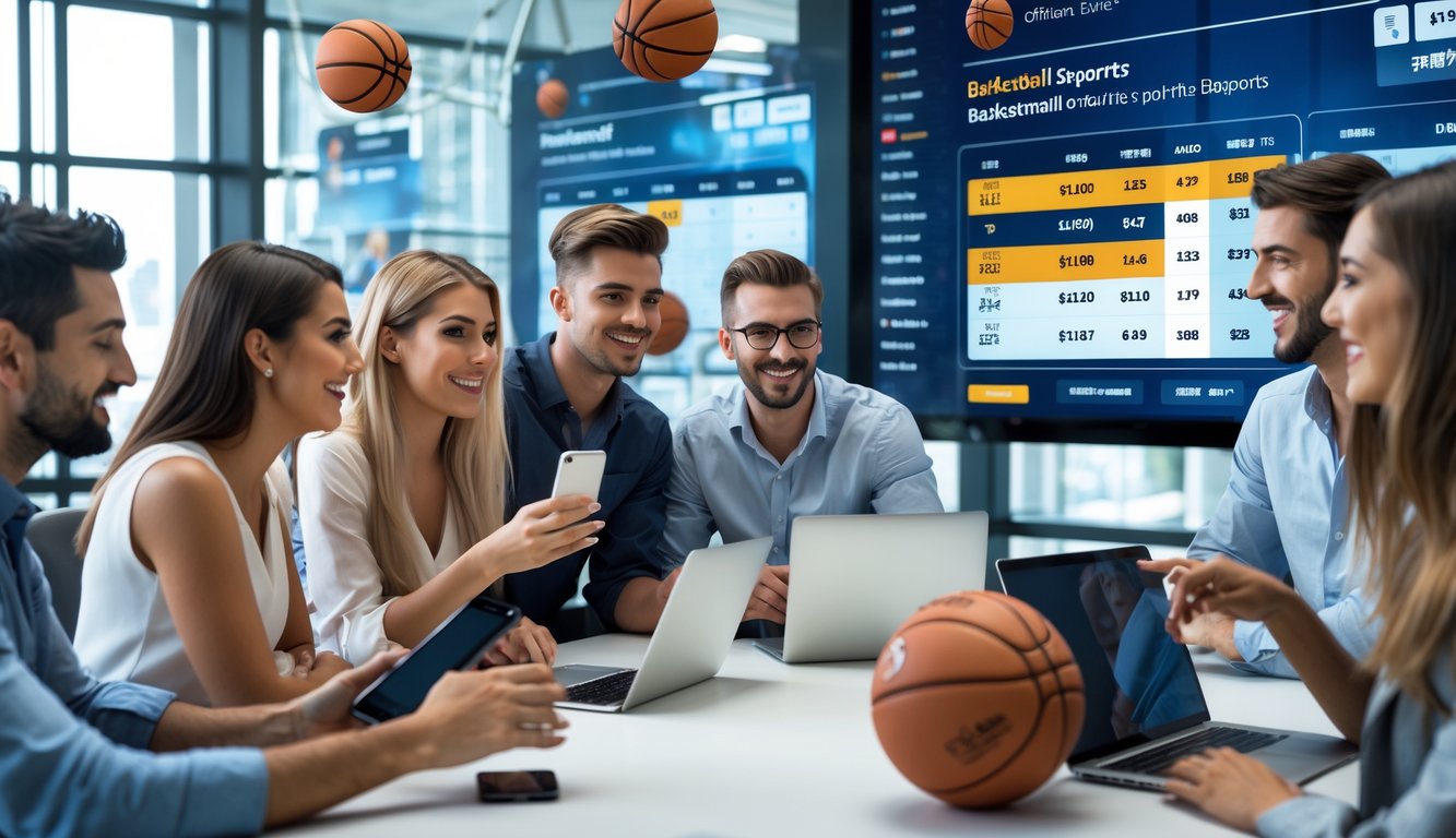 Sekelompok orang muda menggunakan perangkat elektronik untuk memasang taruhan pada pertandingan bola basket secara online di sebuah ruangan modern.