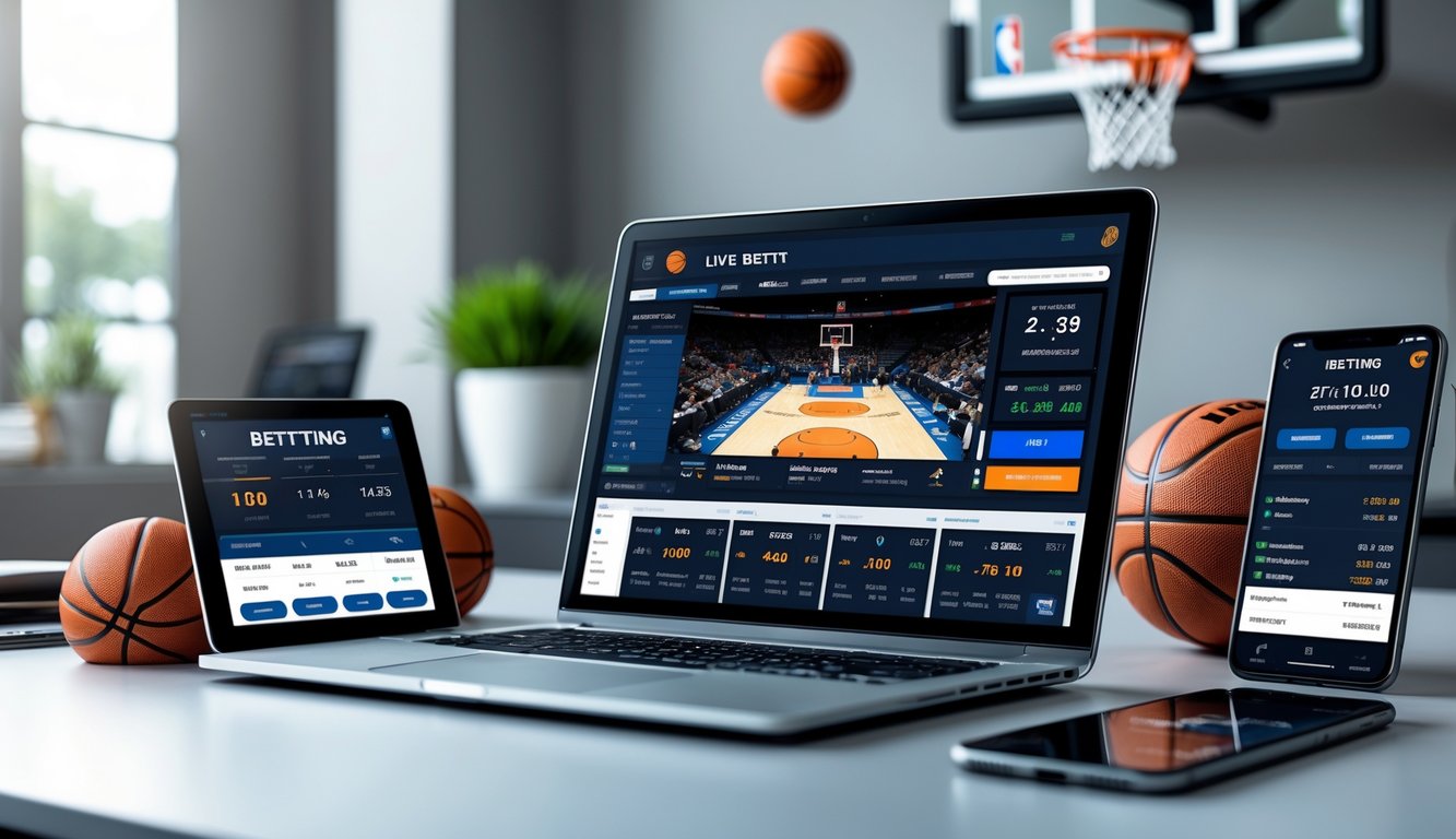 Seseorang menggunakan laptop dan perangkat digital lainnya untuk memasang taruhan langsung pada pertandingan bola basket secara online di sebuah ruang kerja modern.