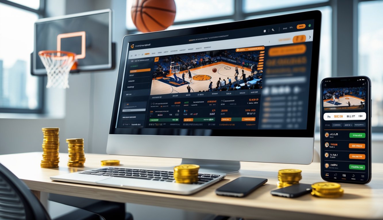 Seorang pria menggunakan komputer dengan layar menampilkan pertandingan basket langsung dan antarmuka taruhan online di meja kerja yang rapi.