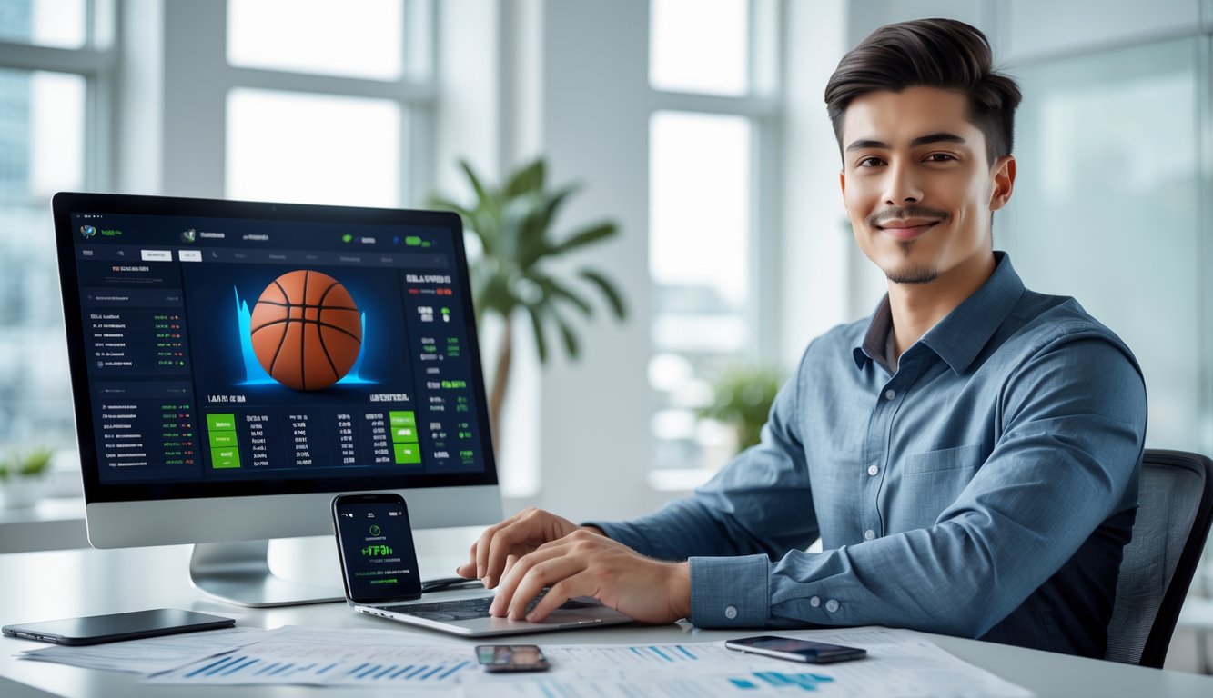Seorang pria muda duduk di meja kantor modern menggunakan laptop dengan gambar bola basket dan grafik taruhan olahraga di layar.
