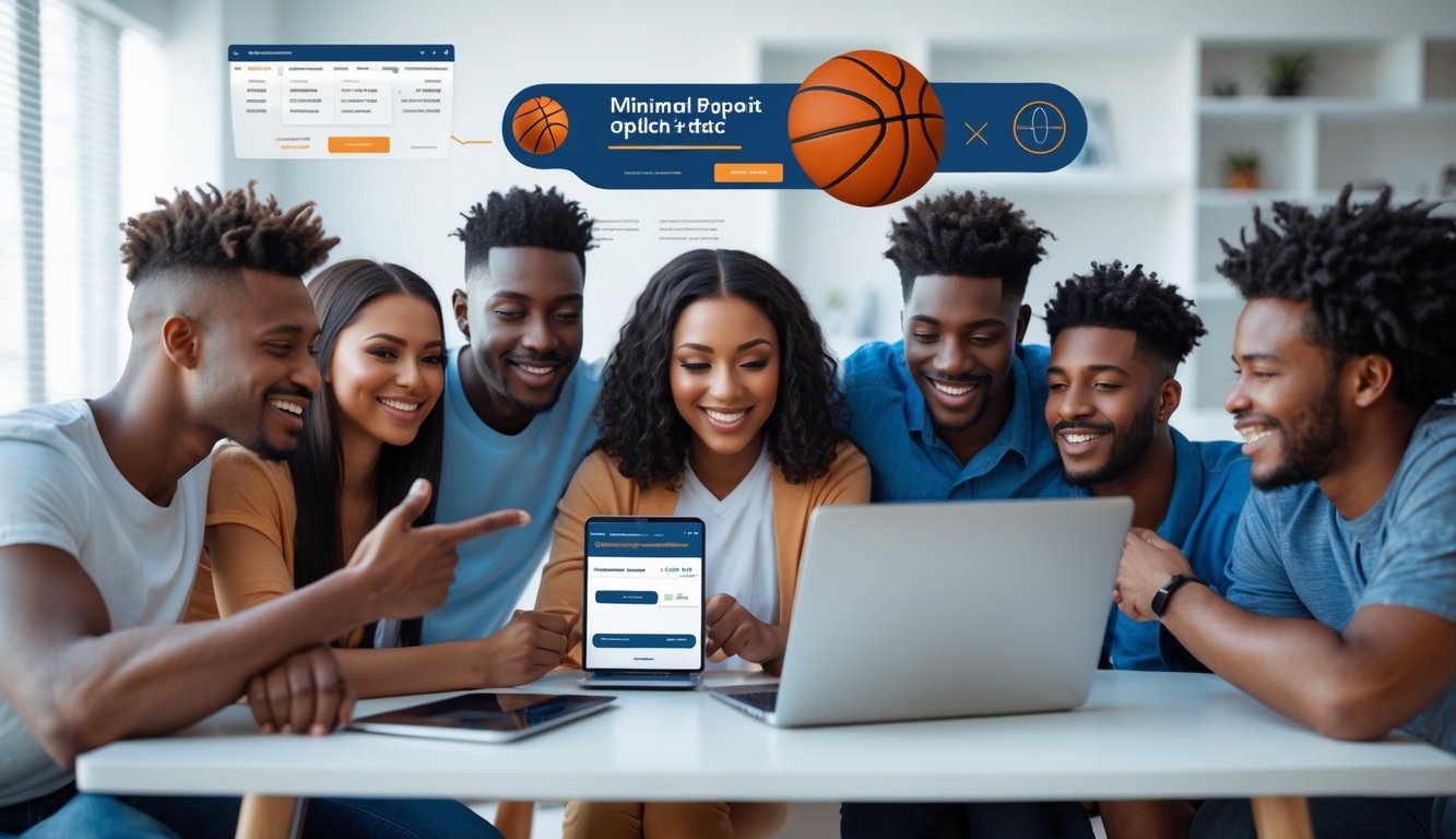 Sekelompok orang muda sedang menggunakan laptop untuk taruhan bola basket online dengan suasana yang aman dan terpercaya.