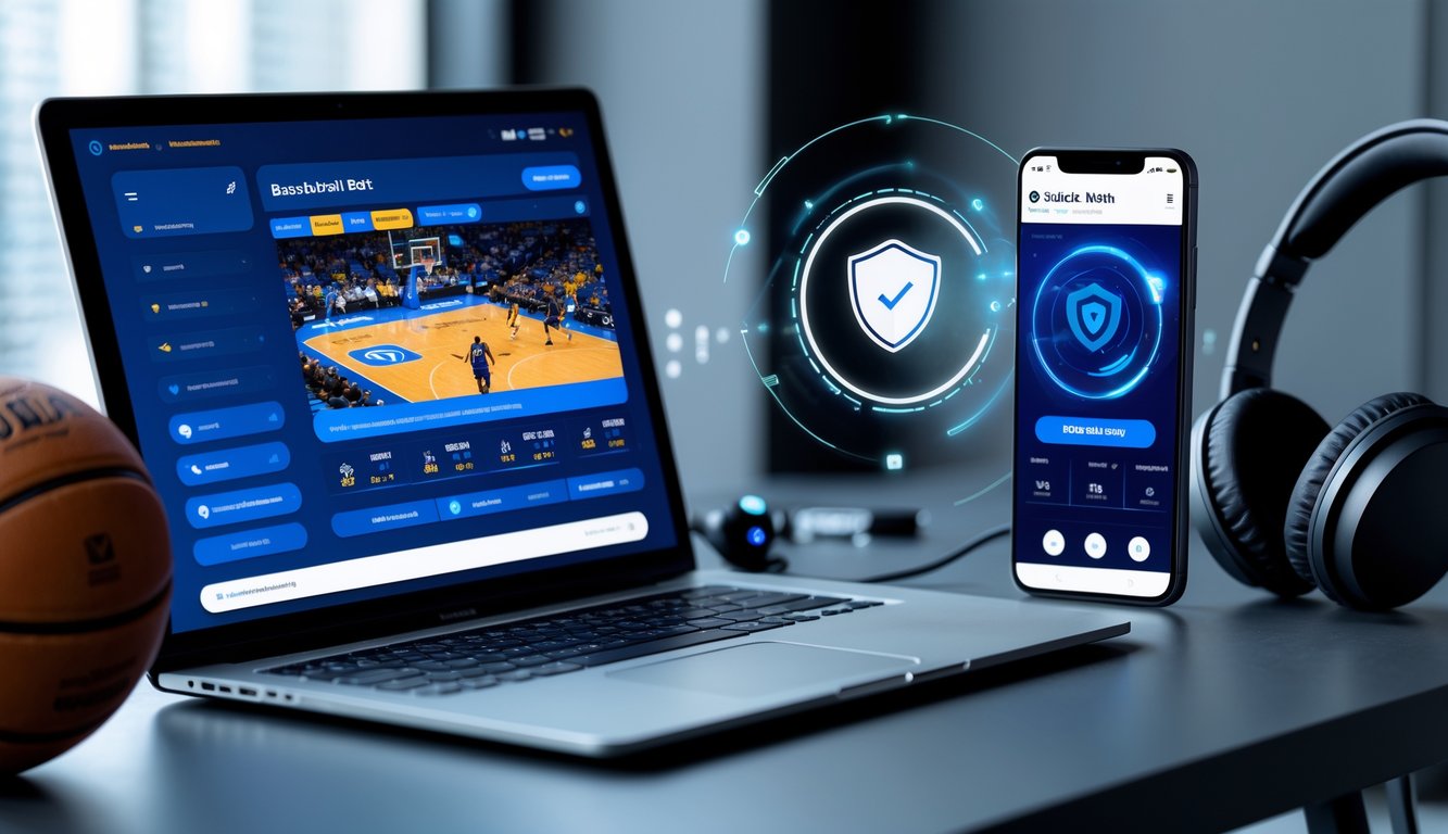 Meja kerja modern dengan laptop menampilkan pertandingan bola basket dan ponsel yang menunjukkan aplikasi taruhan online, dilengkapi bola basket dan headphone di sekitar.