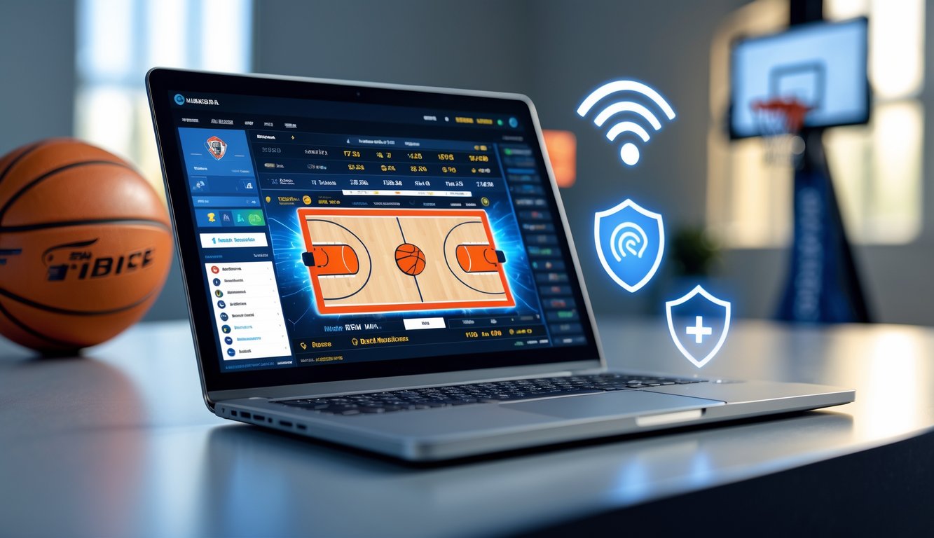 Seorang pengguna di depan laptop dengan tampilan pertandingan bola basket dan simbol internet cepat serta keamanan, di ruang kerja modern.