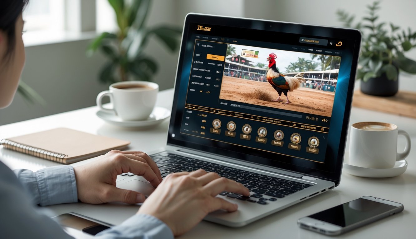 Seseorang menggunakan laptop di meja kerja dengan tampilan streaming pertandingan sabung ayam Vietnam secara online.
