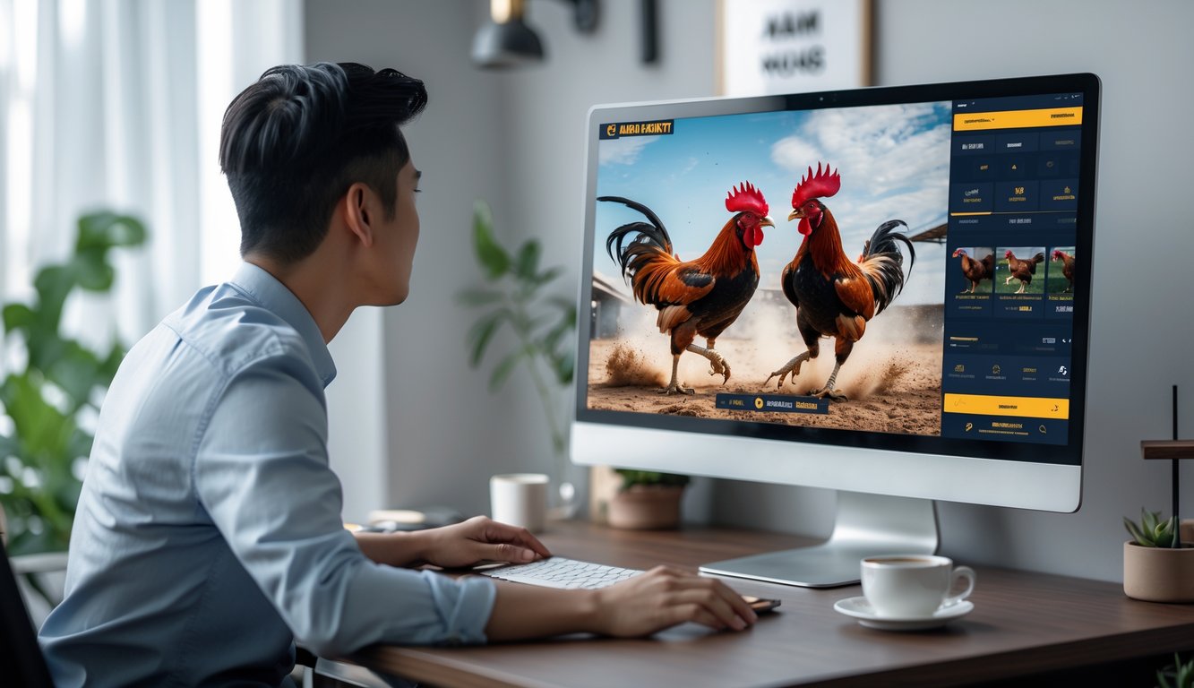 Seseorang menonton siaran langsung sabung ayam Vietnam di layar komputer dengan suasana ruangan yang rapi dan nyaman.