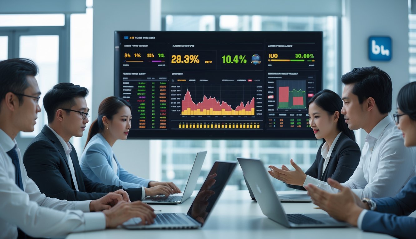 Sekelompok profesional sedang berdiskusi di kantor dengan layar besar menampilkan grafik dan data pasar taruhan sabung ayam online.