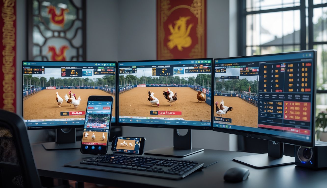Seseorang menggunakan komputer dengan layar menampilkan pertandingan sabung ayam Vietnam secara langsung dan taruhan online.