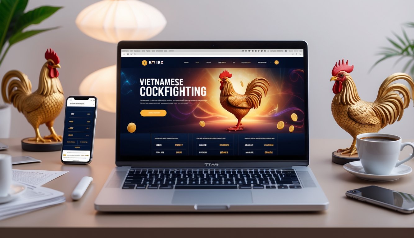 Seorang pengguna duduk di depan laptop dengan tampilan situs taruhan sabung ayam online, dikelilingi oleh elemen teknologi dan simbol budaya Vietnam.