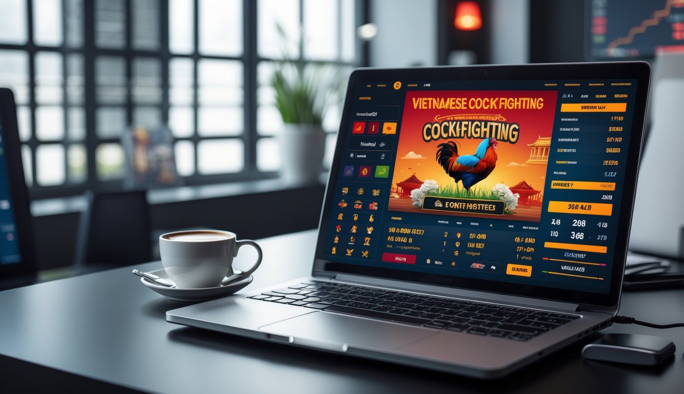 Seorang individu menggunakan laptop di meja kerja modern dengan tampilan antarmuka taruhan sabung ayam Vietnam secara online.