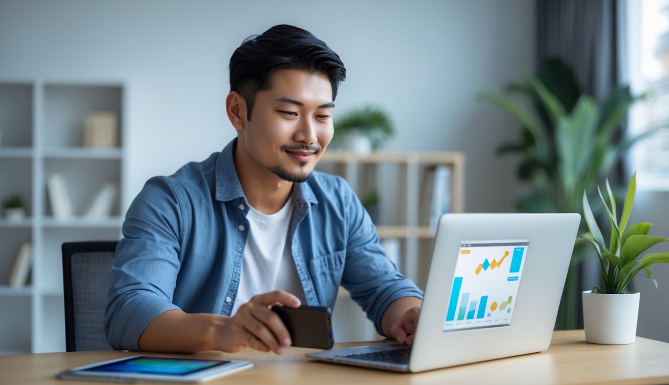 Seorang pria Asia Tenggara menggunakan laptop dan ponsel di ruang kerja rumah yang rapi dan terang.